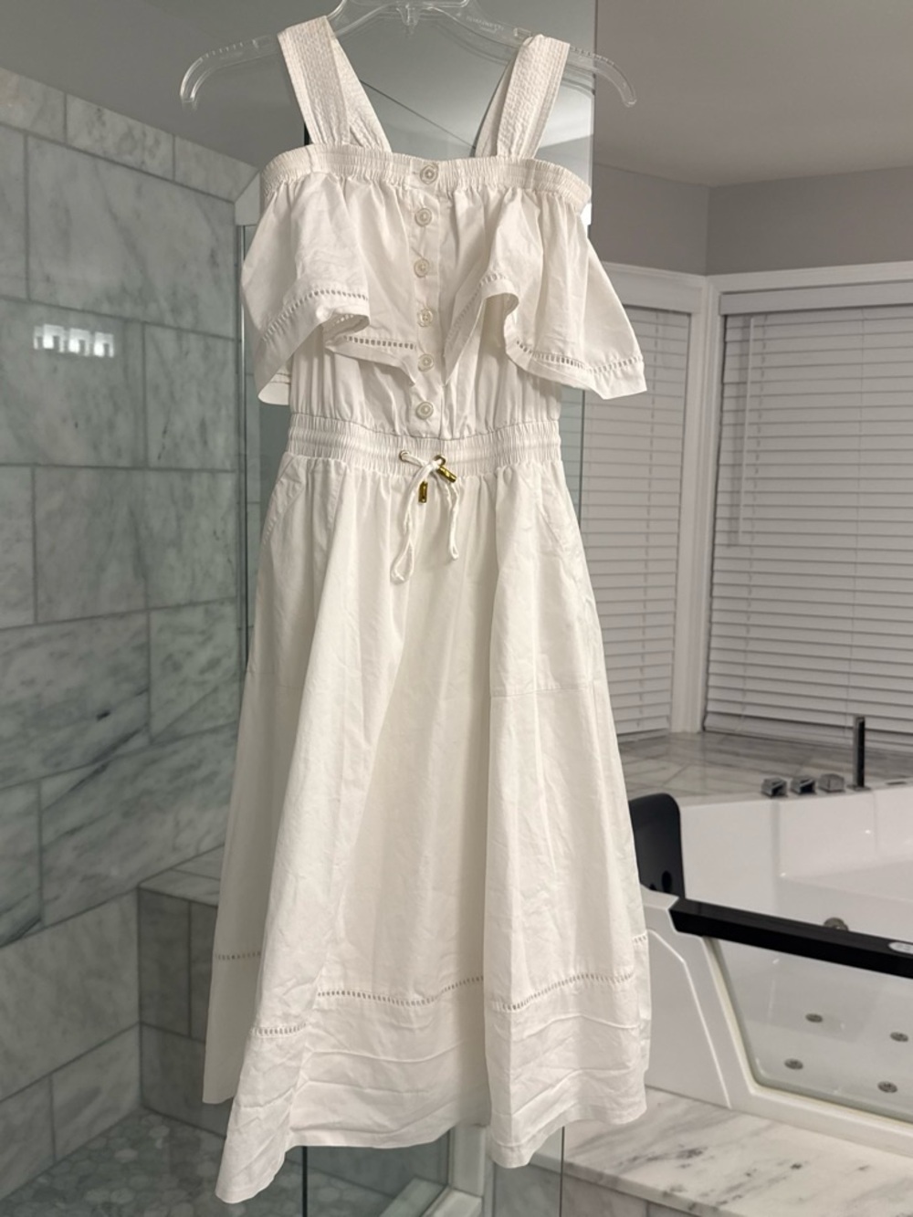 Donna Karen White Off-Shoulder Midi Dress with Drawstring Waist size 00 pockets